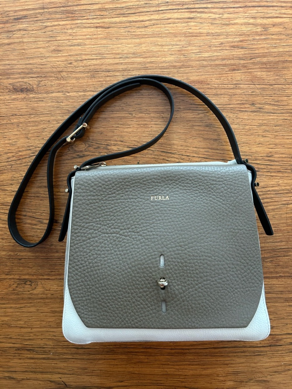 Rare Furla Taupe White Gray Pebbled Leather Suede Crossbody with Black Straps